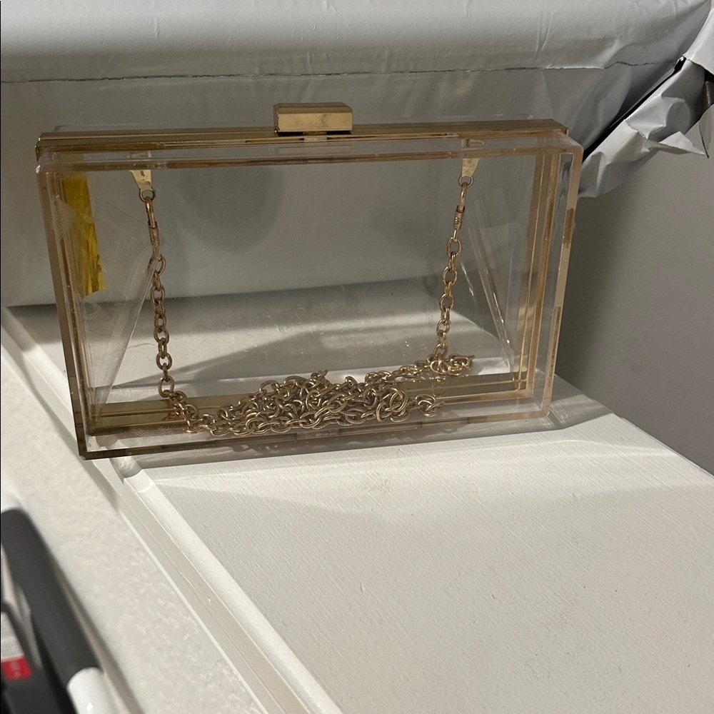 Clear Acrylic Box Clutch with Gold Chain